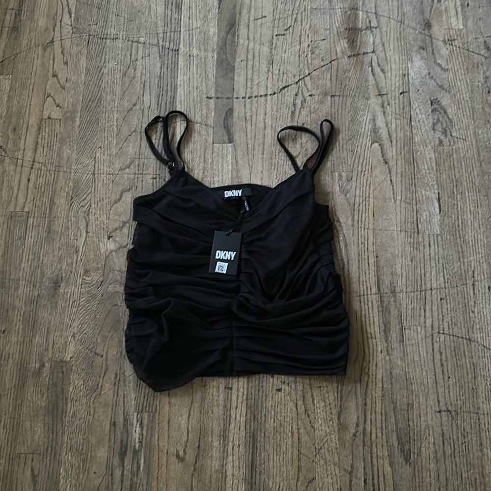 NWT DKNY Black Mesh Adjustable Strap Tank Top Size XL